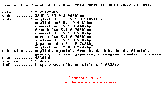 NFO for the release Dawn.of.the.Planet.of.the.Apes.2014.COMPLETE.UHD.BLURAY-SUPERSIZE by SUPERSIZE