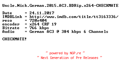 NFO for the release Uncle.Nick.German.2015.AC3.BDRip.x264-CHECKMATE by CHECKMATE