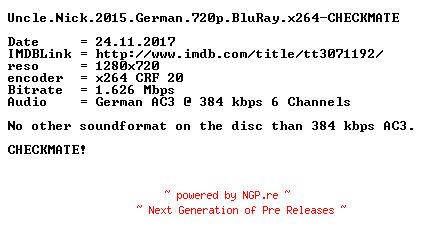 NFO for the release Uncle.Nick.2015.German.720p.BluRay.x264-CHECKMATE by CHECKMATE