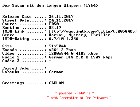 NFO for the release Der.Satan.mit.den.langen.Wimpern.1964.German.720p.BluRay.x264-SPiCY by SPiCY