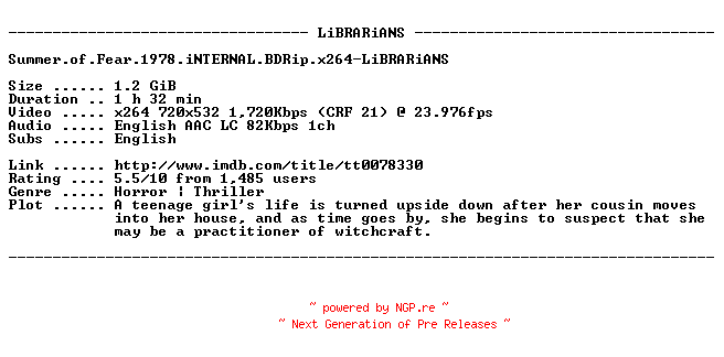 NFO for the release Summer.of.Fear.1978.iNTERNAL.BDRip.x264-LiBRARiANS by LiBRARiANS