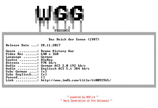 NFO for the release Das.Reich.der.Sonne.1987.German.DL.BDRip.X264.iNTERNAL-WGG by WGG