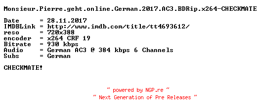 NFO for the release Monsieur.Pierre.geht.online.German.2017.AC3.BDRip.x264-CHECKMATE by CHECKMATE