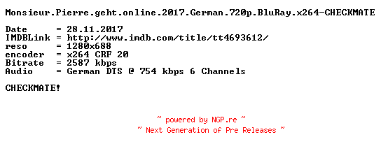 NFO for the release Monsieur.Pierre.geht.online.2017.German.720p.BluRay.x264-CHECKMATE by CHECKMATE