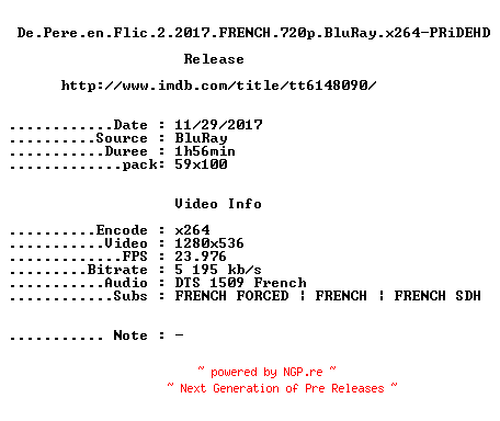 NFO for the release De.Pere.en.Flic.2.2017.FRENCH.720p.BluRay.x264-PRiDEHD by PRiDEHD