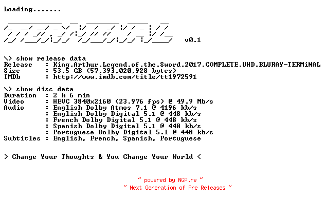 NFO for the release King.Arthur.Legend.of.the.Sword.2017.COMPLETE.UHD.BLURAY-TERMiNAL by TERMiNAL
