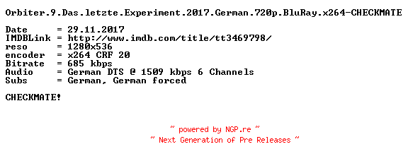 NFO for the release Orbiter.9.Das.letzte.Experiment.2017.German.720p.BluRay.x264-CHECKMATE by CHECKMATE