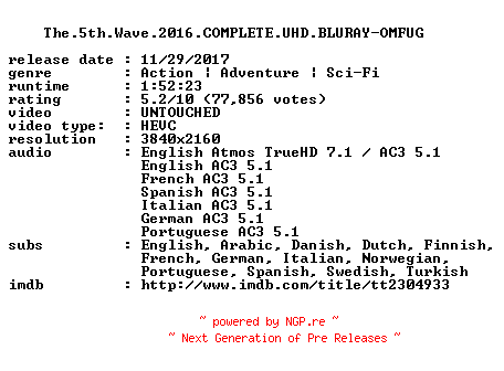 NFO for the release The.5th.Wave.2016.COMPLETE.UHD.BLURAY-OMFUG by OMFUG