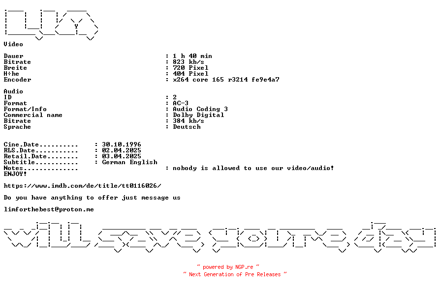 NFO for the release Dark.Breed.Invasion.aus.dem.All.German.1996.AC3.BDRiP.x264-LIM by LIM