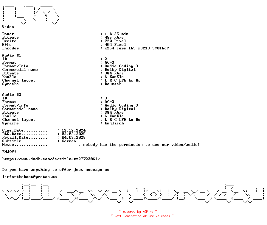 NFO for the release Dieses.Gefuehl.dass.die.Zeit.etwas.zu.tun.vorbei.ist.German.2023.DL.AC3.DVDRip.x264-LIM by LIM