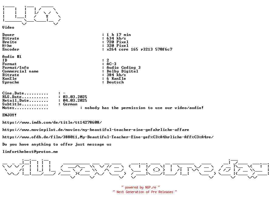 NFO for the release My.Beautiful.Teacher.eine.gefaehrliche.Affaere.German.2021.AC3.DVDRip.x264-LIM by LIM