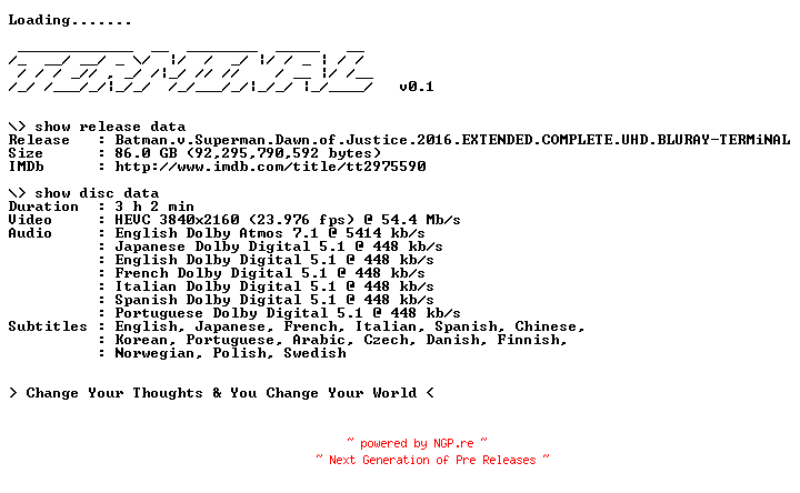 NFO for the release Batman.v.Superman.Dawn.of.Justice.2016.EXTENDED.COMPLETE.UHD.BLURAY-TERMiNAL by TERMiNAL