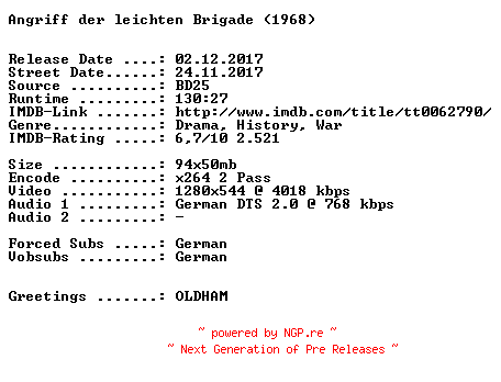 NFO for the release Angriff.der.leichten.Brigade.1968.German.720p.BluRay.x264-SPiCY by SPiCY