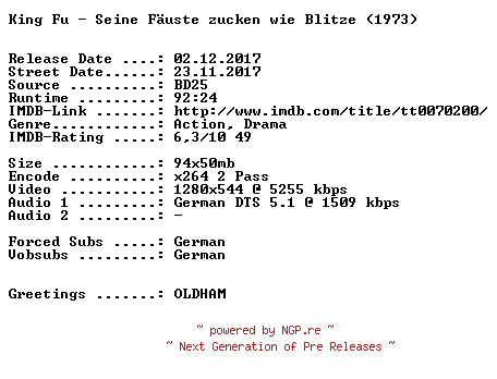 NFO for the release King.Fu.Seine.Faeuste.zucken.wie.Blitze.1973.German.720p.BluRay.x264-SPiCY by SPiCY