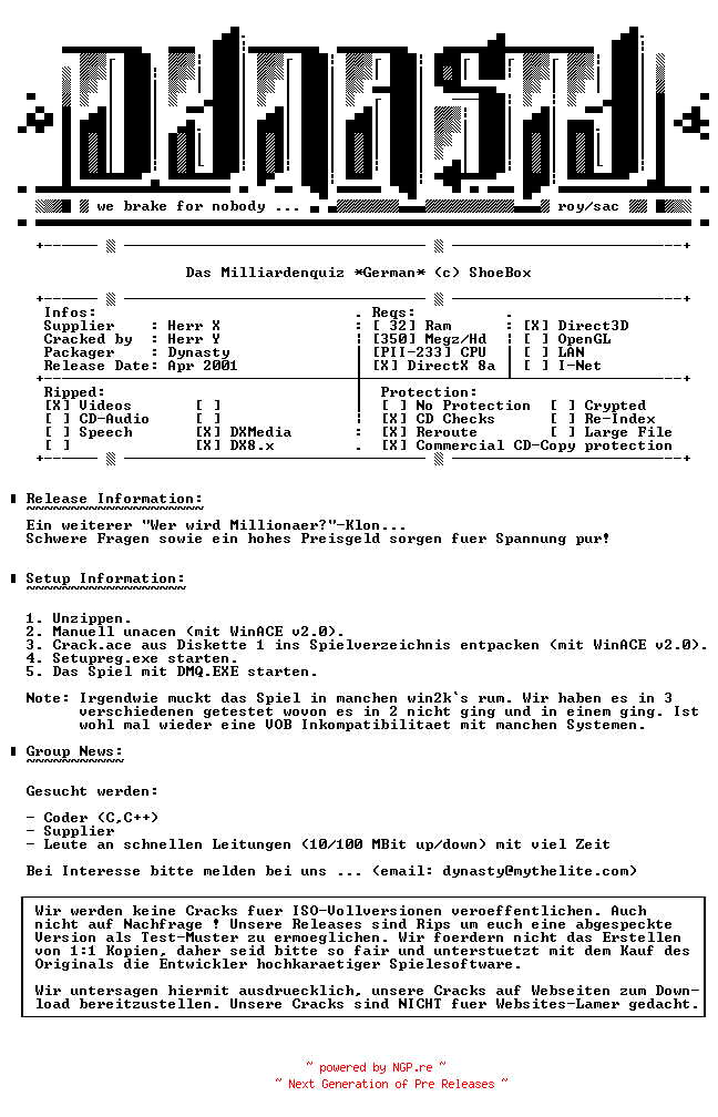 NFO for the release Das.Milliardenquiz.GERMAN-DYNASTY by DYNASTY