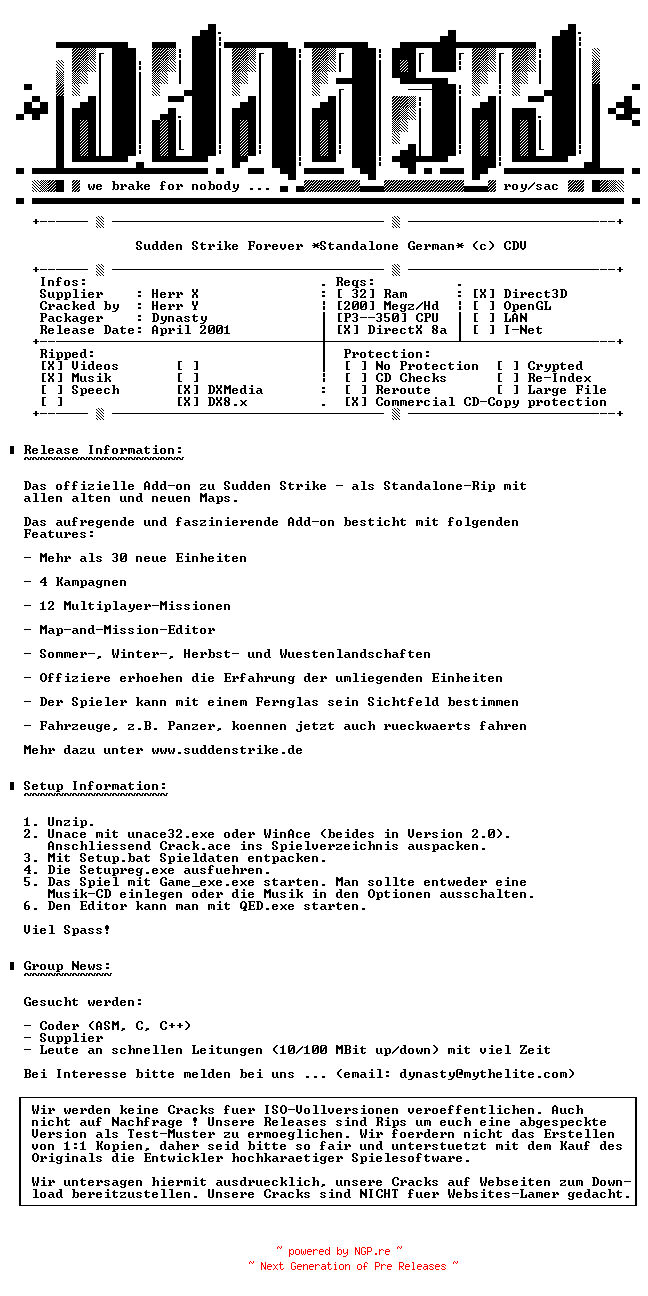 NFO for the release Sudden.Strike.Forever.GERMAN-DYNASTY by DYNASTY