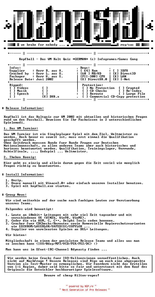 NFO for the release Kopfball.Das.WM.Kult.Quiz.GERMAN-DYNASTY by DYNASTY