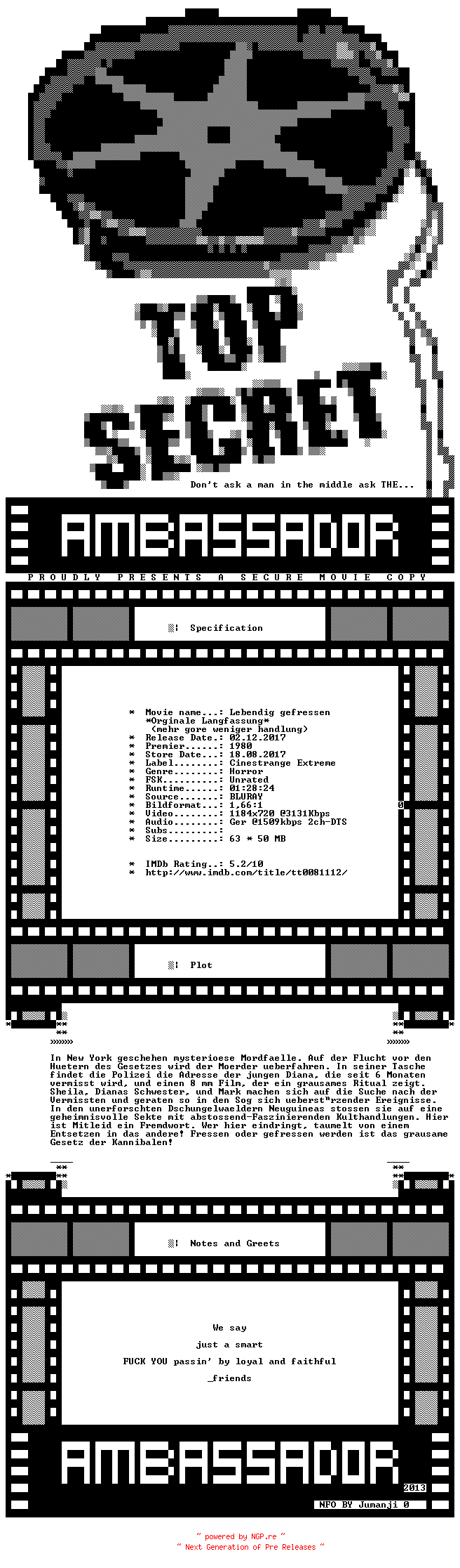 NFO for the release Lebendig.gefressen.LANGFASSUNG.GERMAN.1980.720P.BLURAY.X264-AMBASSADOR by AMBASSADOR