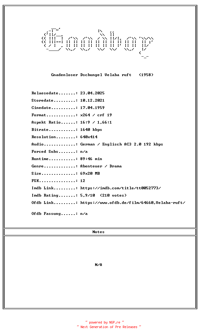 NFO for the release Gnadenloser.Dschungel.Velaba.ruft.GERMAN.1958.DL.AC3.DVDRiP.x264-Goodboy by Goodboy