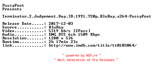NFO for the release Terminator.2.Judgement.Day.3D.1991.720p.BluRay.x264-PussyFoot by PussyFoot
