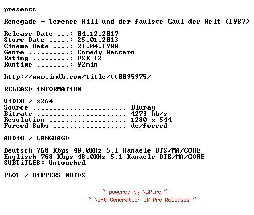 NFO for the release Renegade.1987.German.720p.BluRay.x264.iNTERNAL-KULTFiLME by KULTFiLME