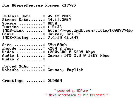 NFO for the release Die.Koerperfresser.kommen.1978.German.720p.BluRay.x264-SPiCY by SPiCY