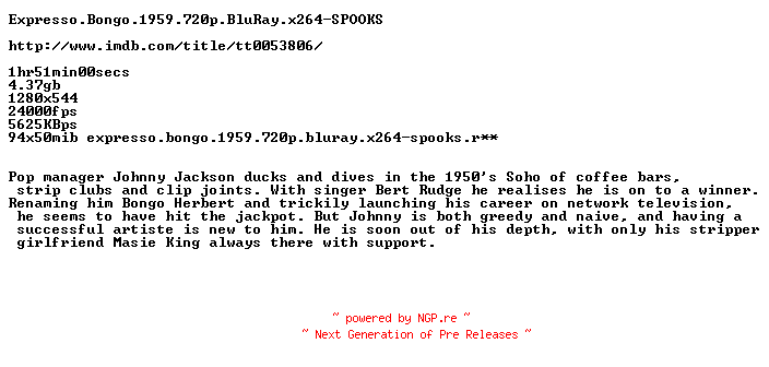 NFO for the release Expresso.Bongo.1959.720p.BluRay.x264-SPOOKS by SPOOKS