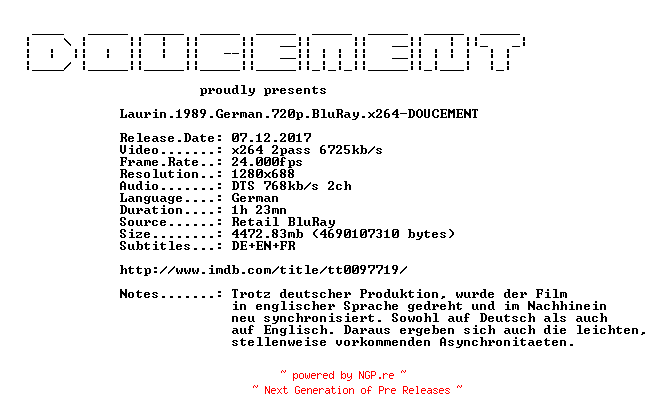 NFO for the release Laurin.1989.German.720p.BluRay.x264-DOUCEMENT by DOUCEMENT