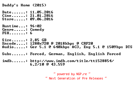 NFO for the release Daddys.Home.Ein.Vater.zuviel.2015.German.DL.720p.BluRay.x264-CiNEViSiON by CiNEViSiON