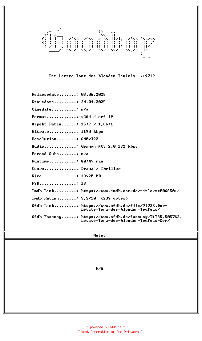 NFO for the release Der.Letzte.Tanz.des.blonden.Teufels.GERMAN.1971.AC3.DVDRiP.x264-Goodboy by Goodboy