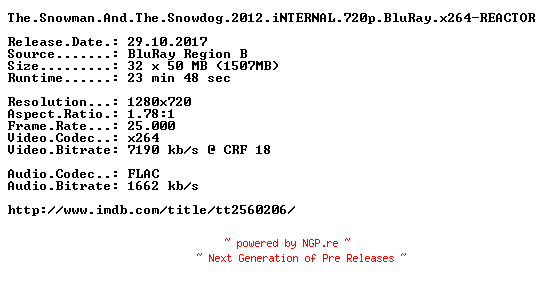 NFO for the release The.Snowman.And.The.Snowdog.2012.iNTERNAL.720p.BluRay.x264-REACTOR by REACTOR