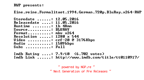 NFO for the release Eine.reine.Formalitaet.1994.German.720p.BluRay.x264-RWP by RWP