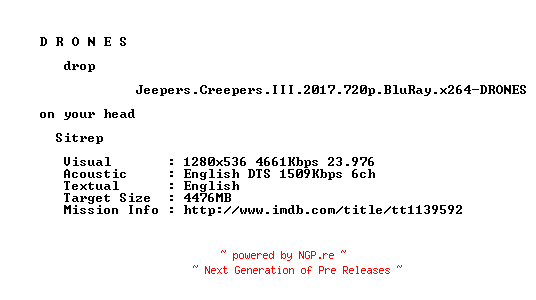 NFO for the release Jeepers.Creepers.III.2017.720p.BluRay.x264-DRONES by DRONES