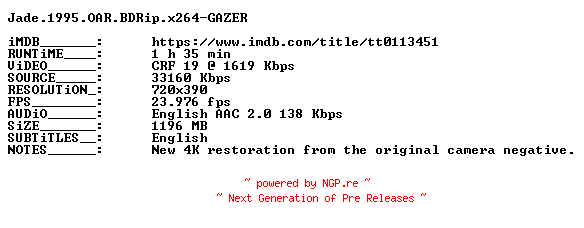 NFO for the release Jade.1995.OAR.BDRip.x264-GAZER by GAZER