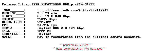 NFO for the release Primary.Colors.1998.REMASTERED.BDRip.x264-GAZER by GAZER