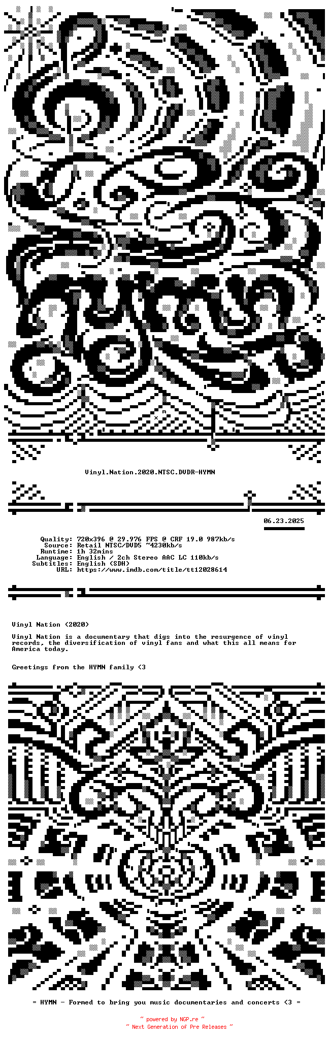 NFO for the release Vinyl.Nation.2020.DVDRip.x264-HYMN by HYMN