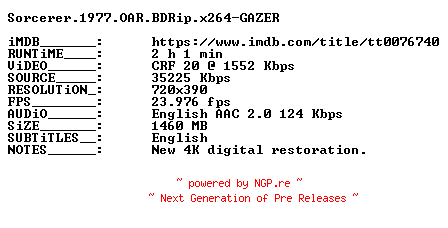 NFO for the release Sorcerer.1977.OAR.BDRip.x264-GAZER by GAZER