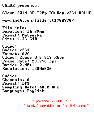 NFO for the release Clown.2014.3D.720p.BluRay.x264-VALUE by VALUE