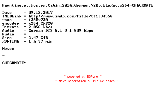 NFO for the release Haunting.at.Foster.Cabin.2014.German.720p.BluRay.x264-CHECKMATE by CHECKMATE