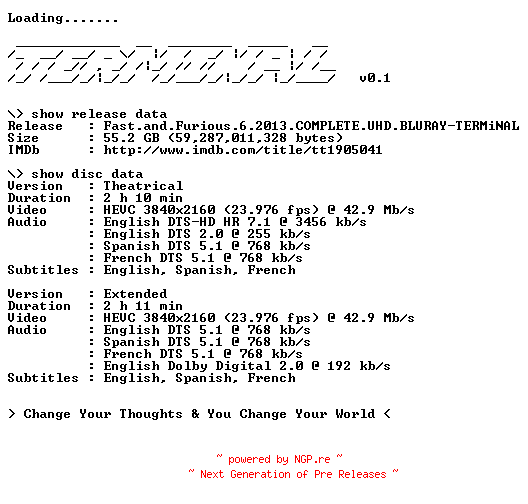 NFO for the release Fast.and.Furious.6.2013.COMPLETE.UHD.BLURAY-TERMiNAL by TERMiNAL