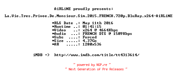 NFO for the release La.Vie.Tres.Privee.De.Monsieur.Sim.2015.FRENCH.720p.BluRay.x264-AiRLiNE by AiRLiNE