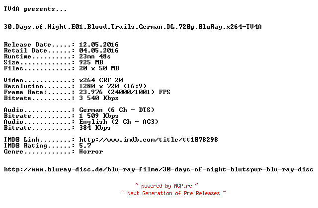 NFO for the release 30.Days.of.Night.E01.Blood.Trails.German.DL.720p.BluRay.x264-TV4A by TV4A