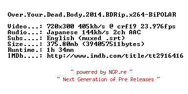 NFO for the release Over.Your.Dead.Body.2014.BDRip.x264-BiPOLAR by BiPOLAR