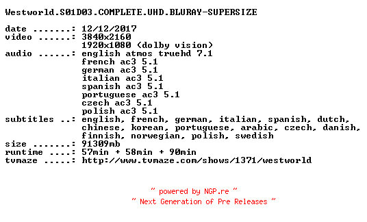 NFO for the release Westworld.S01D03.COMPLETE.UHD.BLURAY-SUPERSIZE by SUPERSIZE