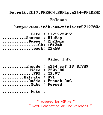 NFO for the release Detroit.2017.FRENCH.BDRip.x264-PRiDEHD by PRiDEHD