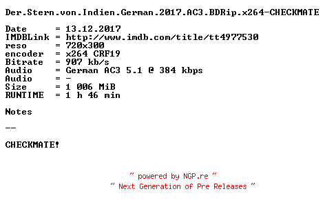 NFO for the release Der.Stern.von.Indien.German.2017.AC3.BDRip.x264-CHECKMATE by CHECKMATE
