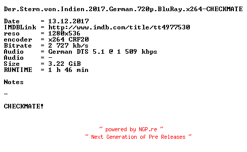 NFO for the release Der.Stern.von.Indien.2017.German.720p.BluRay.x264-CHECKMATE by CHECKMATE