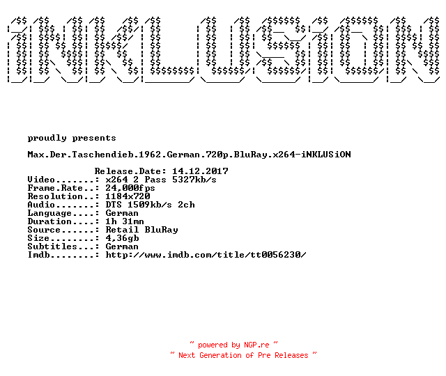NFO for the release Max.Der.Taschendieb.1962.German.720p.BluRay.x264-iNKLUSiON by iNKLUSiON
