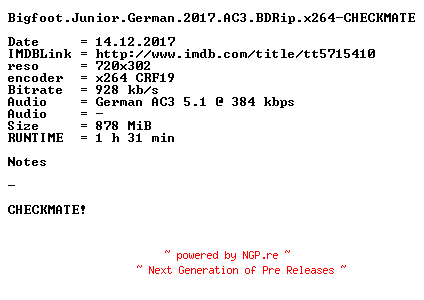 NFO for the release Bigfoot.Junior.German.2017.AC3.BDRip.x264-CHECKMATE by CHECKMATE