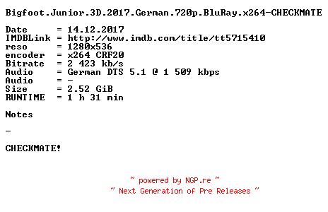 NFO for the release Bigfoot.Junior.3D.2017.German.720p.BluRay.x264-CHECKMATE by CHECKMATE